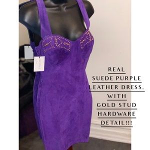 Purple suede mini dress w/ gold stud hard ware.